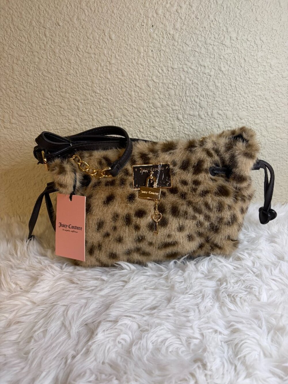 Juicy Couture Furry Fun Crossbody Natural Leopard Faux Fur Bag Charm NWT